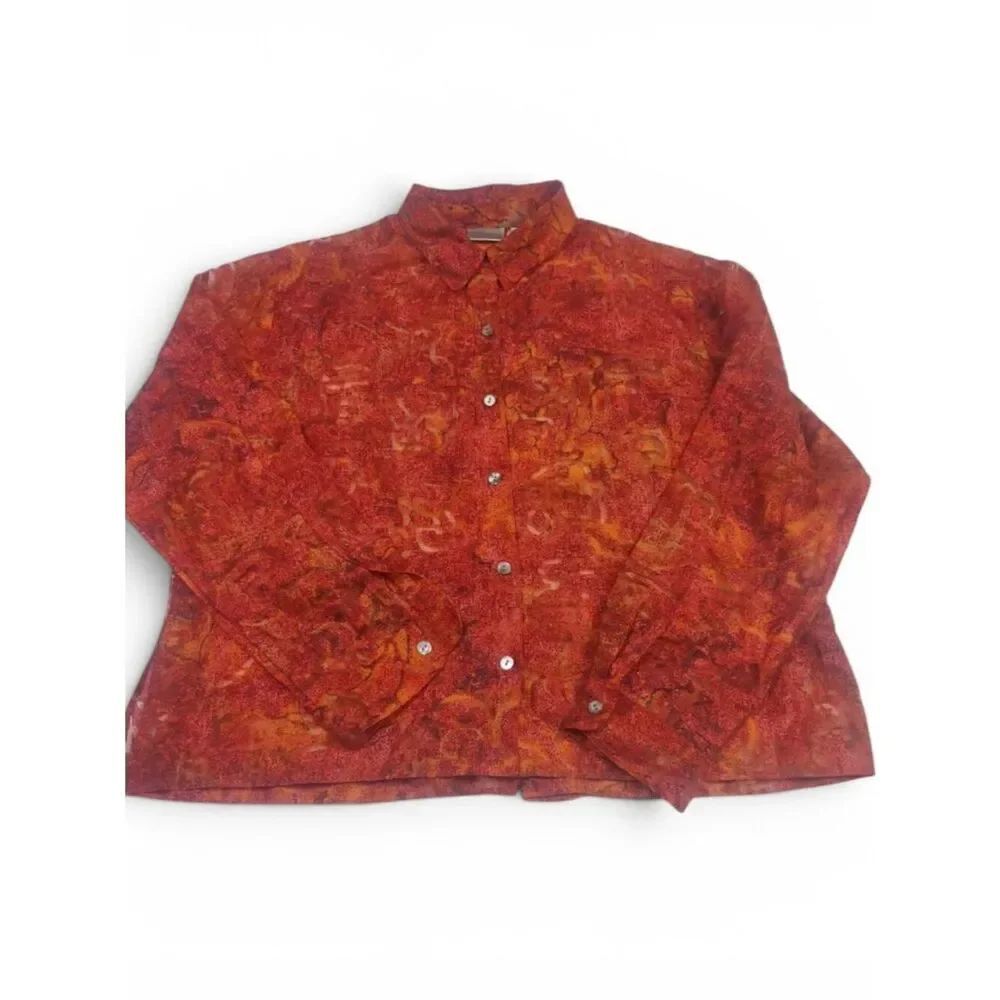 Chicos Linen Button Front Shirt Red Batik Print Long Sleeve Semi Sheer Boho 2 L